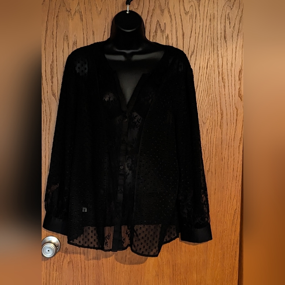 Women's Ann Taylor Black Lace Long Sleeve Top, V-neck, Beach, Summer, Sz L P